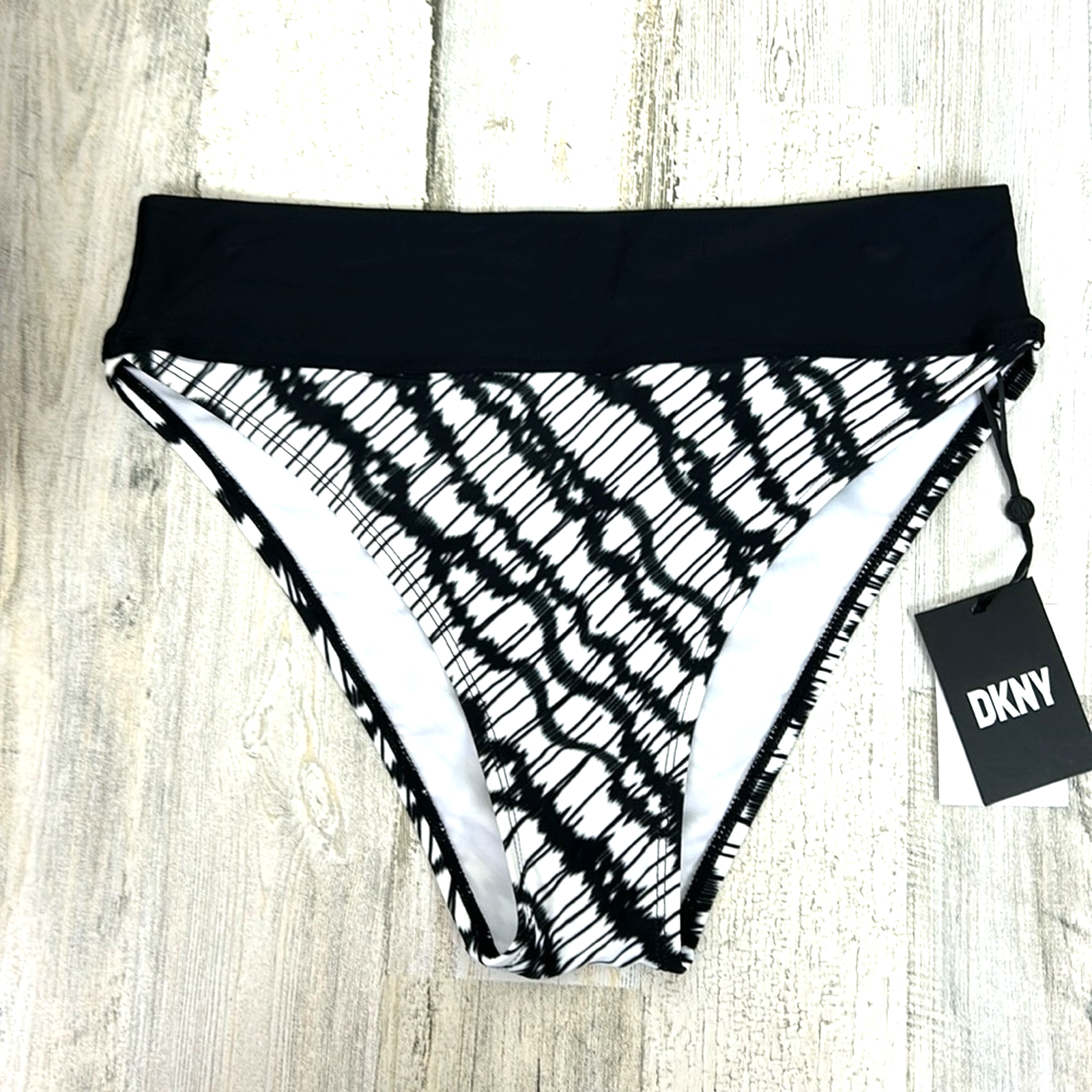 Dkny Womens L Black White High Waist Bikini Bottom Swim Nwt